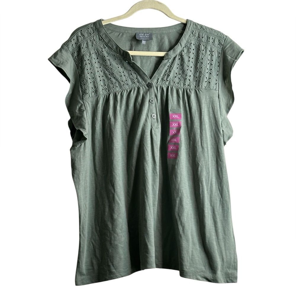 NWOT Berkley Jensen Sage Green Eyelet Blouse Size XXL